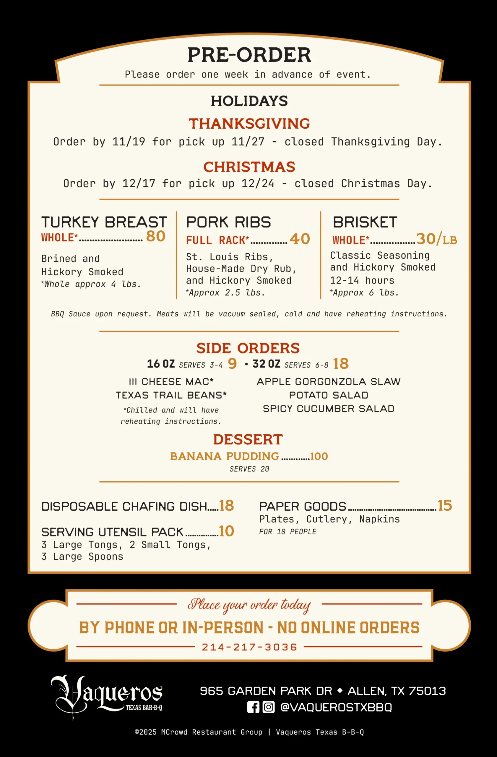 Vaqueros Texas BBQ Christmas & Thanksgiving catering menu with turkey, pork ribs, and brisket options